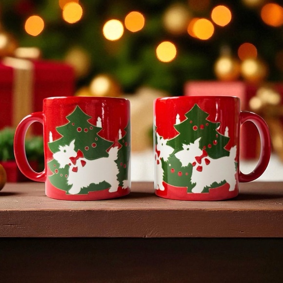 Waechtersbach Vintage Scottie (Westie) Dog Christmas Mugs - Set of 2